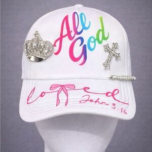 All God White Trucker Cap with Scripture and Decorative Pins